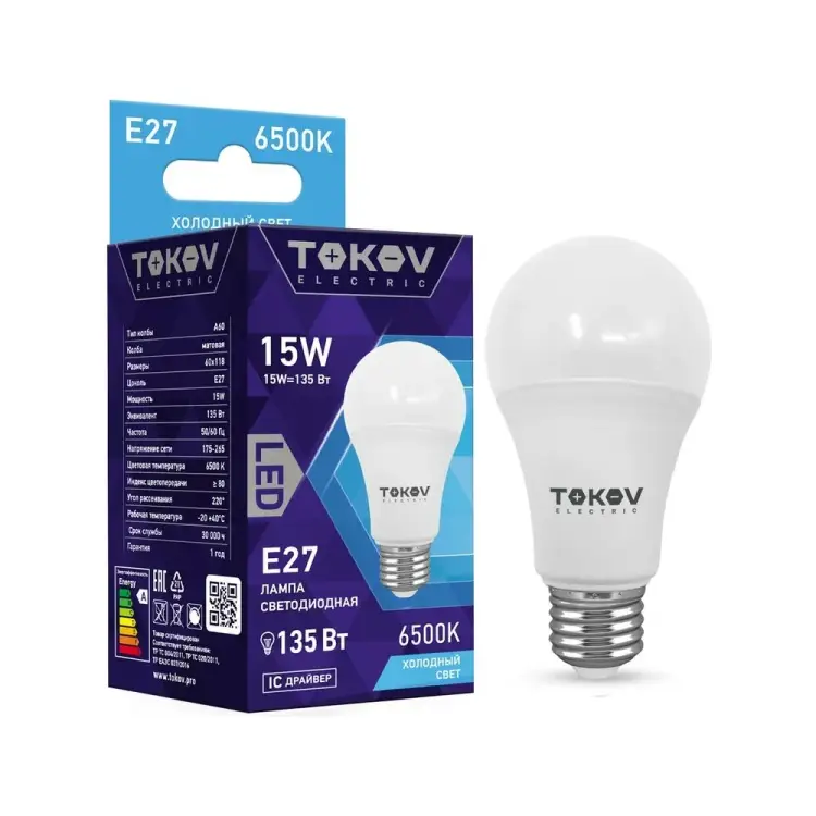 Светодиодная лампа TOKOV ELECTRIC TKE-A60-E27-15-6,5K