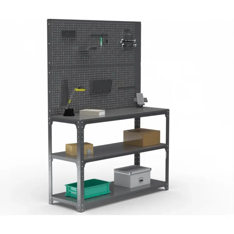 Стол-верстак ООО Металекс KIT 950х1800х500 мм, две полки + двойная перфопанель с комплектом аксессуаров, серый 205164