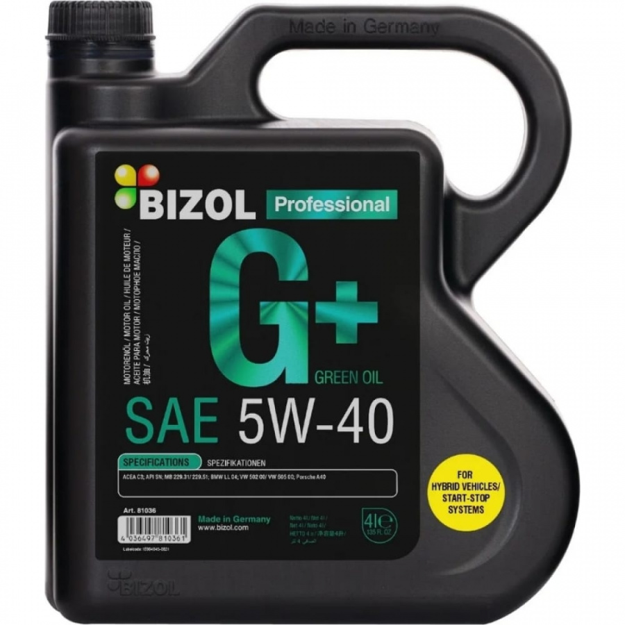 НС-синтетическое моторное масло Bizol Green Oil+ 5W-40, SN, C3
