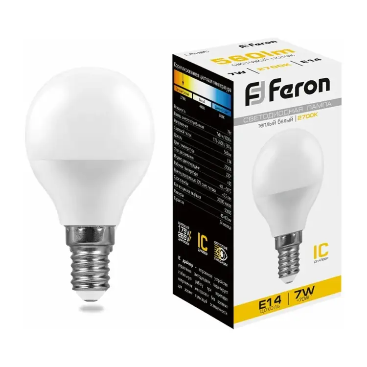 Светодиодная лампа FERON LB-95 Шарик E14 7W 2700K 25478