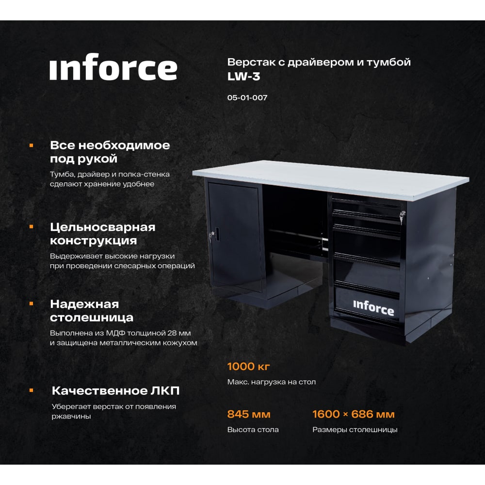 Верстак Inforce с драйвером и тумбой 1600х686х845