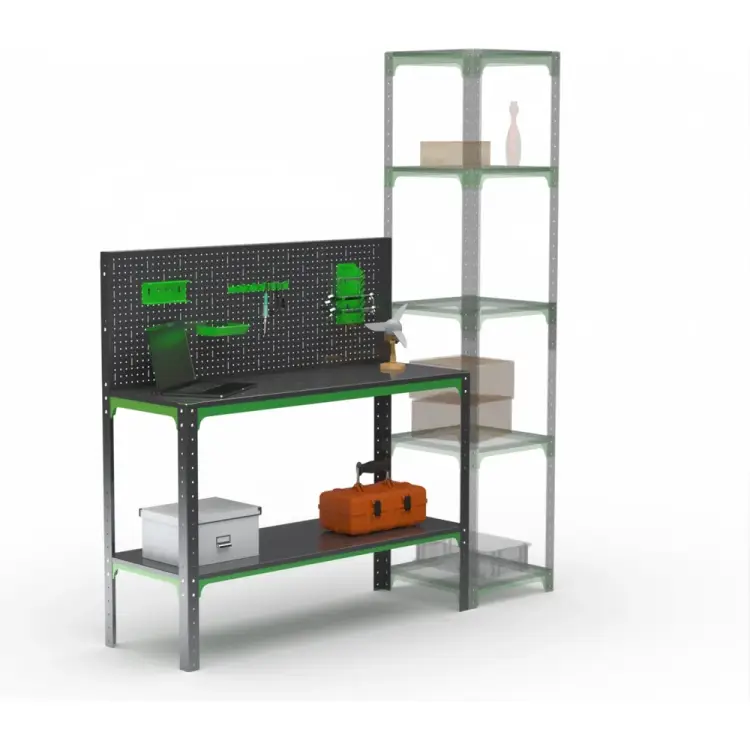 Стол-верстак ООО Металекс серия KIT 950х1600х400, одна полка + перфопанель с комплектом аксессуаров, серо-зеленый 204142