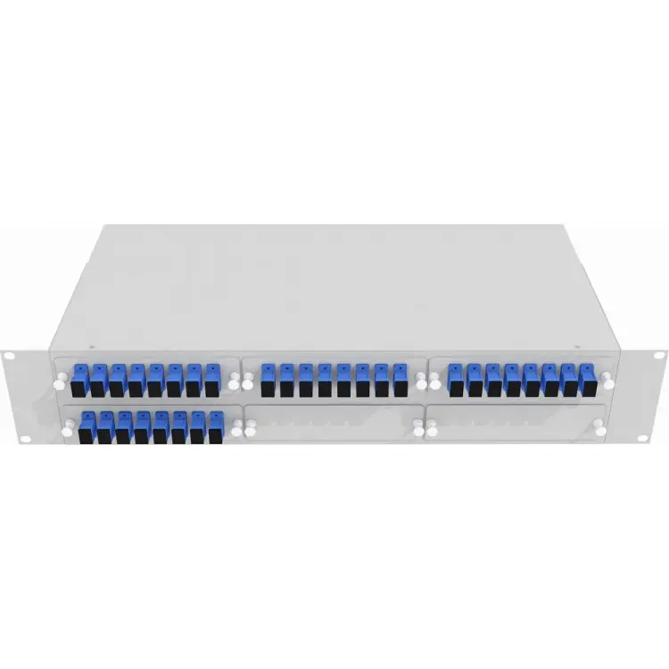 Укомплектованный одномодовый стоечный оптический кросс TopLan КРС-Top-2U-32SC/U-OS2-GY