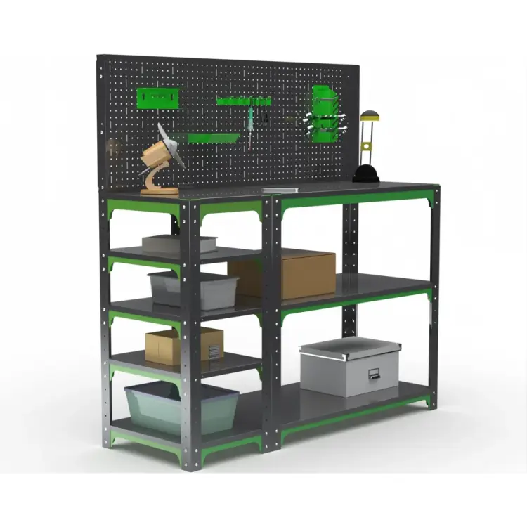 Стол-верстак ООО Металекс серия KIT 950х1000х500 с боковыми полками, перфопанелью и комплектом аксессуаров, серо-зеленый 204091
