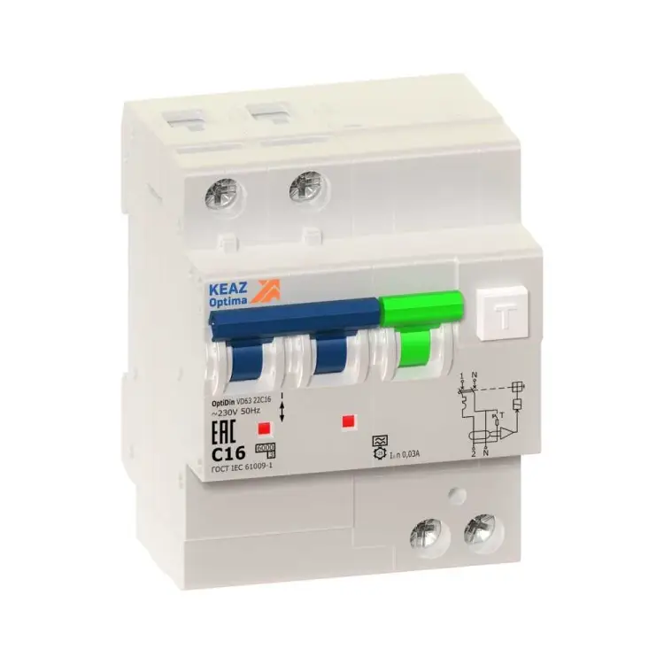 Автоматический выключатель дифференциального тока КЭАЗ 2п C 16А 30мА тип A 6кА OptiDin VD63 УХЛ4 103453