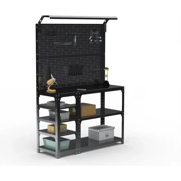 Стол-верстак ООО Металекс KIT 950х1800х600 мм, с боковыми полками, 2-мя панелями и комплектом освещения, черный 205728