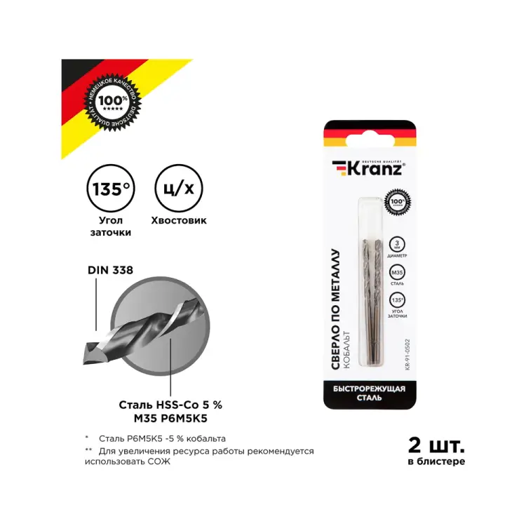 Сверло по металлу KRANZ Кобальт KR-91-0502