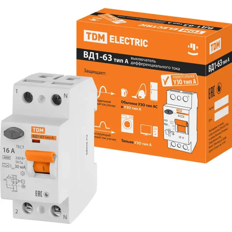 Узо TDM ELECTRIC ВД1-63 2Р 16А 30мА тип А SQ0203-0074