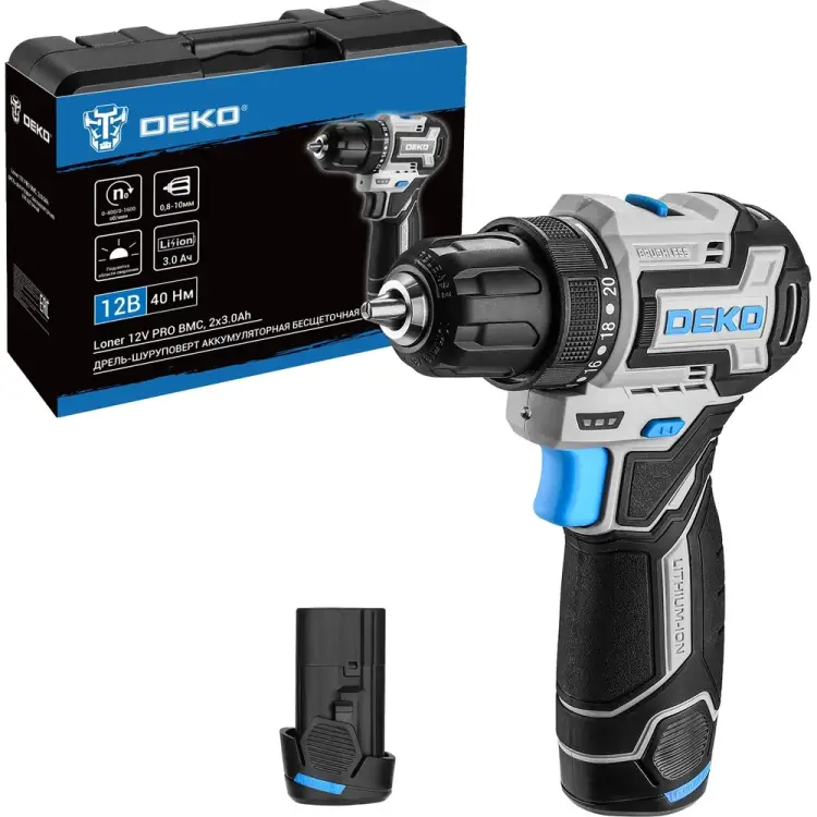 Аккумуляторная бесщеточная компактная дрель шуруповерт DEKO Loner 085-1011 Аккумуляторная бесщеточная компактная дрель шуруповерт DEKO Loner 085-1011