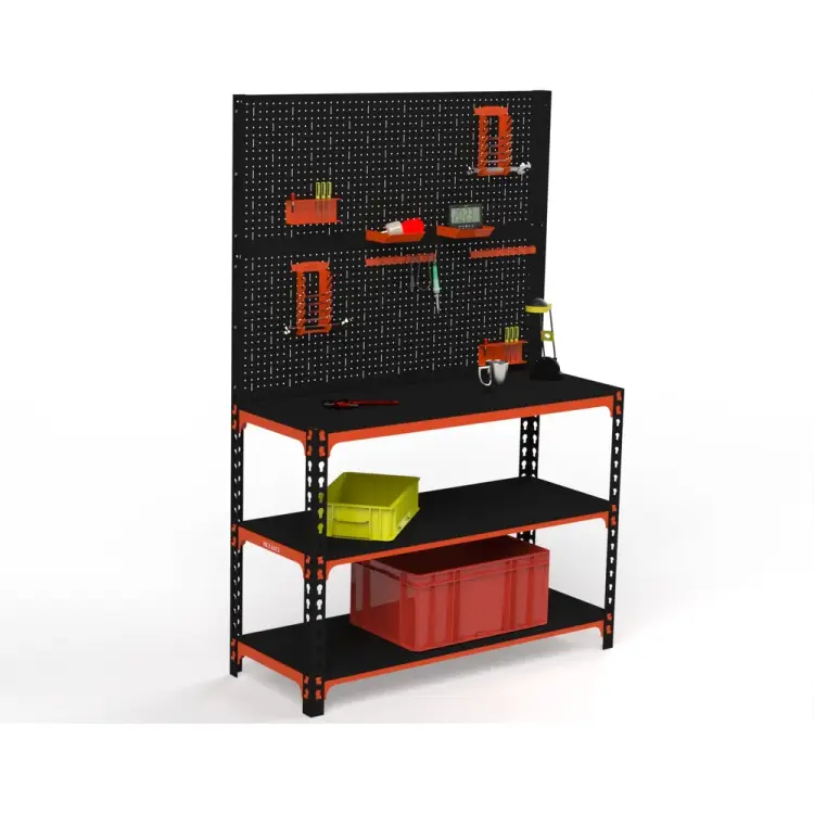 Стол-верстак ООО Металекс 950x1800x500 мм, две полки + двойная перфопанель с комплектом аксессуаров оранжево-чёрный 111153