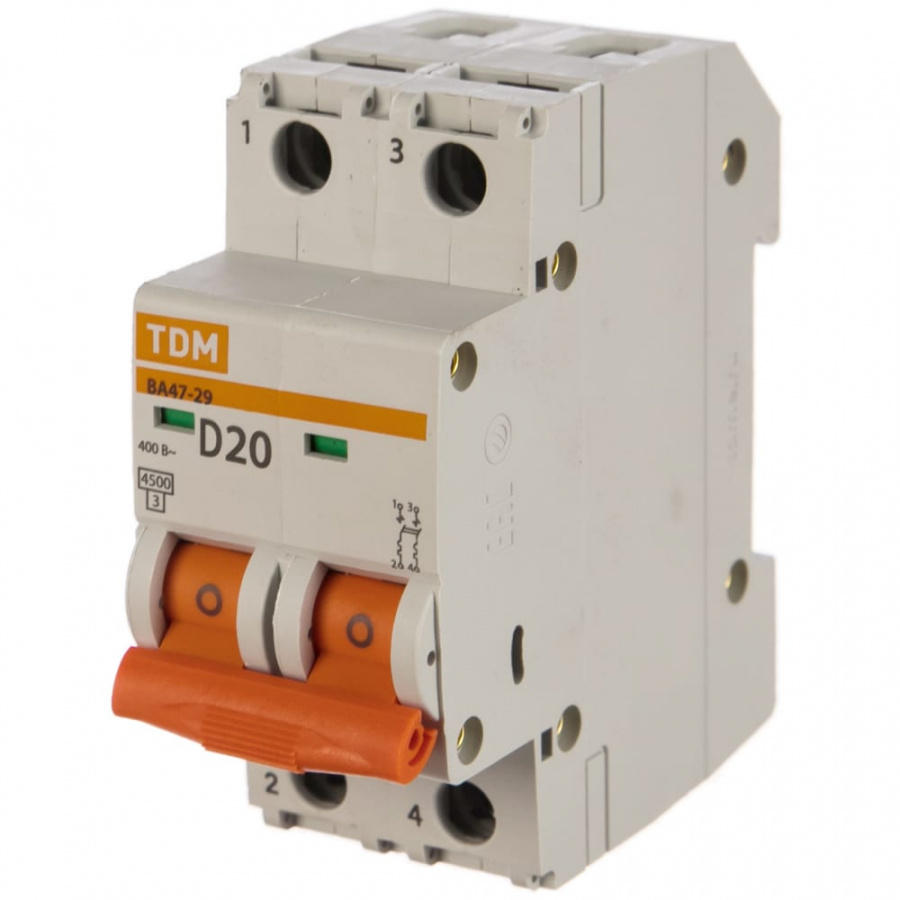 Автомат TDM ВА47-29 2Р, 20 А, 4,5 кА, D