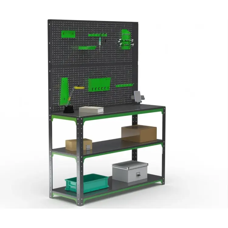 Стол-верстак ООО Металекс серия KIT 950х1600х400 мм, две полки + двойная перфопанель с комплектом аксессуаров, серо-зеленый 204223
