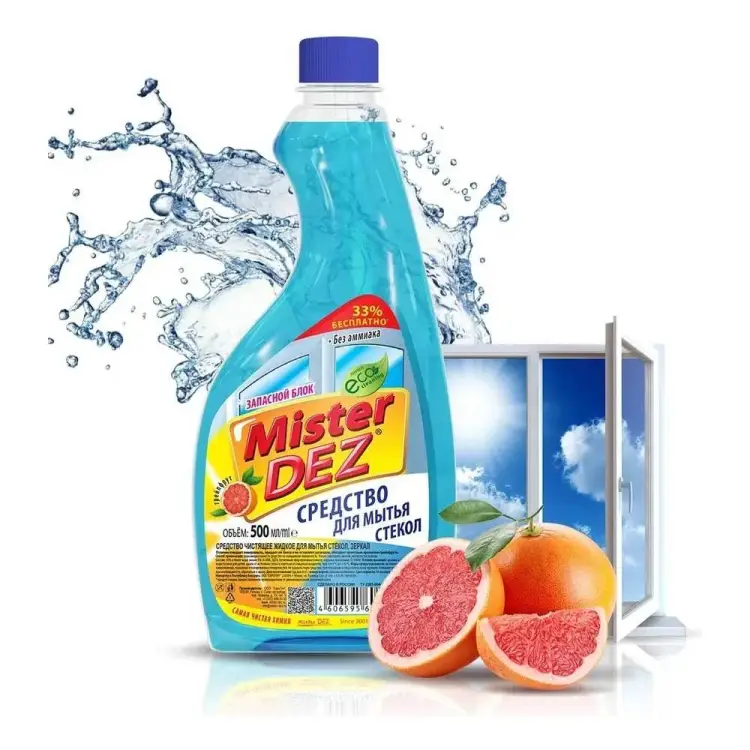 Средство для мытья стекол, зеркал и окон Mister Dez Запасной блок, Eco-Cleaning с ароматом грейпфрута, 500мл 1020
