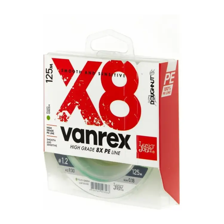 Плетеная леска Lucky John Vanrex х8 BRAID Fluo Green 125/018 LJ4118-018